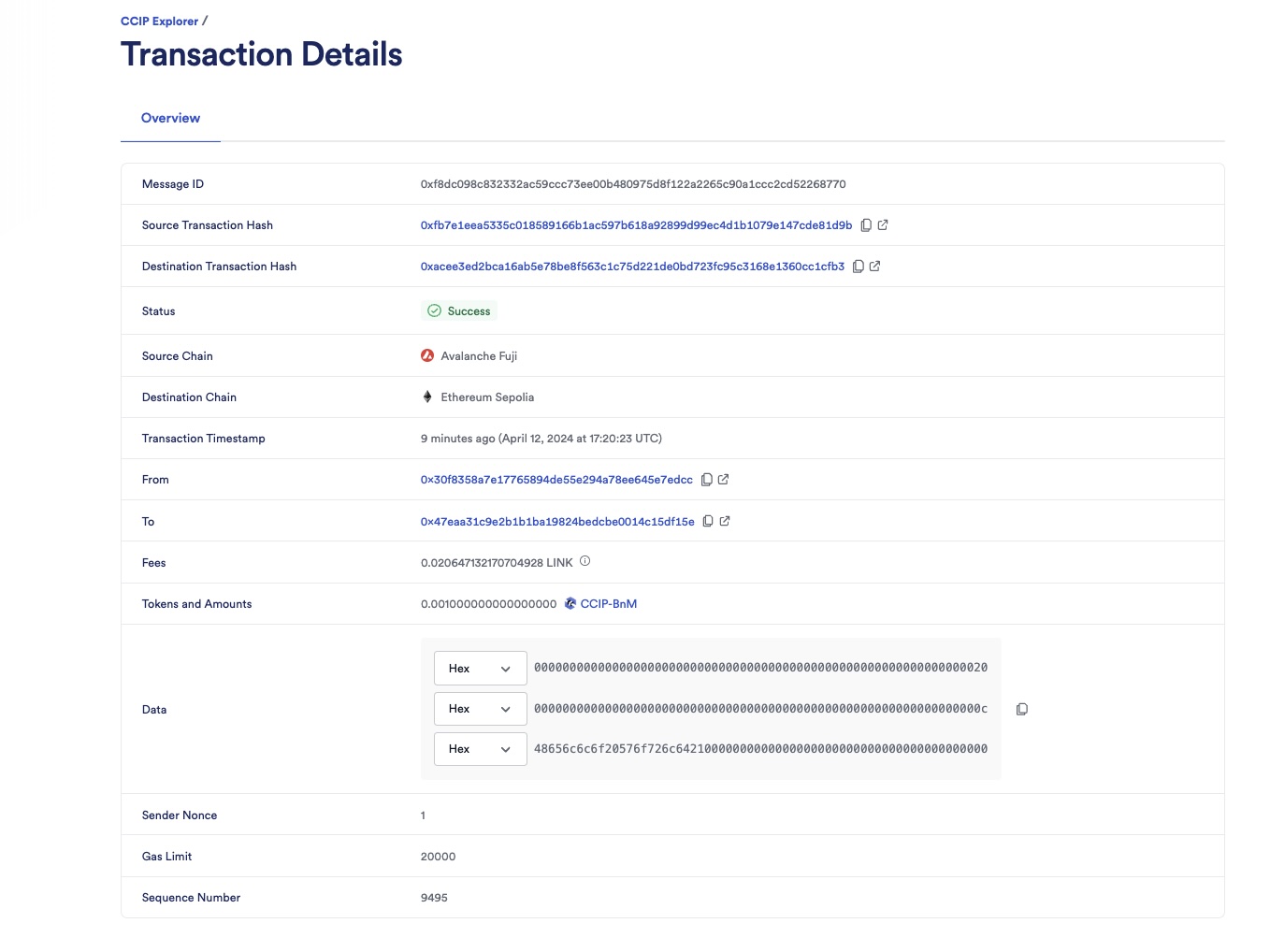 Chainlink CCIP Sepolia - override gas limit - success